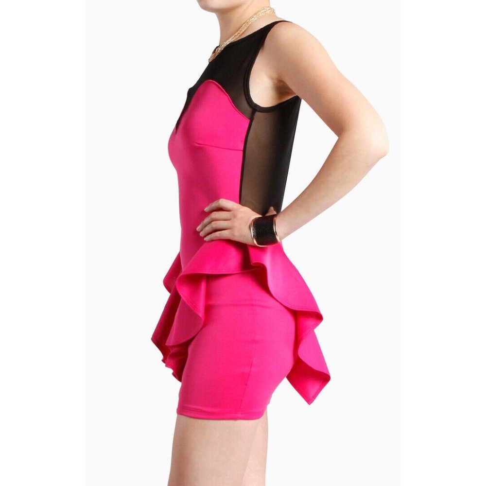 Hot Pink Sheer Mesh Low Back Ruffle Peplum Dress S - Picture 2 of 6